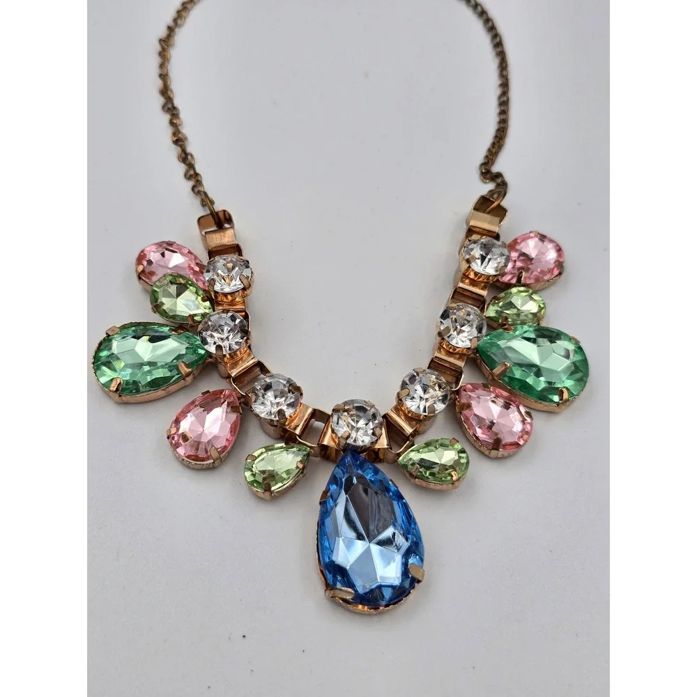Multicolor‎ Statement Bib Necklace Gold Tone Teardrop Round Faceted Rhinestone